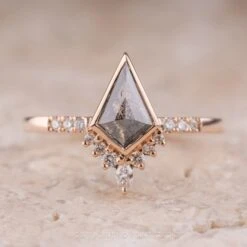 1.22 Carat Black Kite Diamond Engagement Ring, Bezel Avaline Setting, 14K Rose Gold