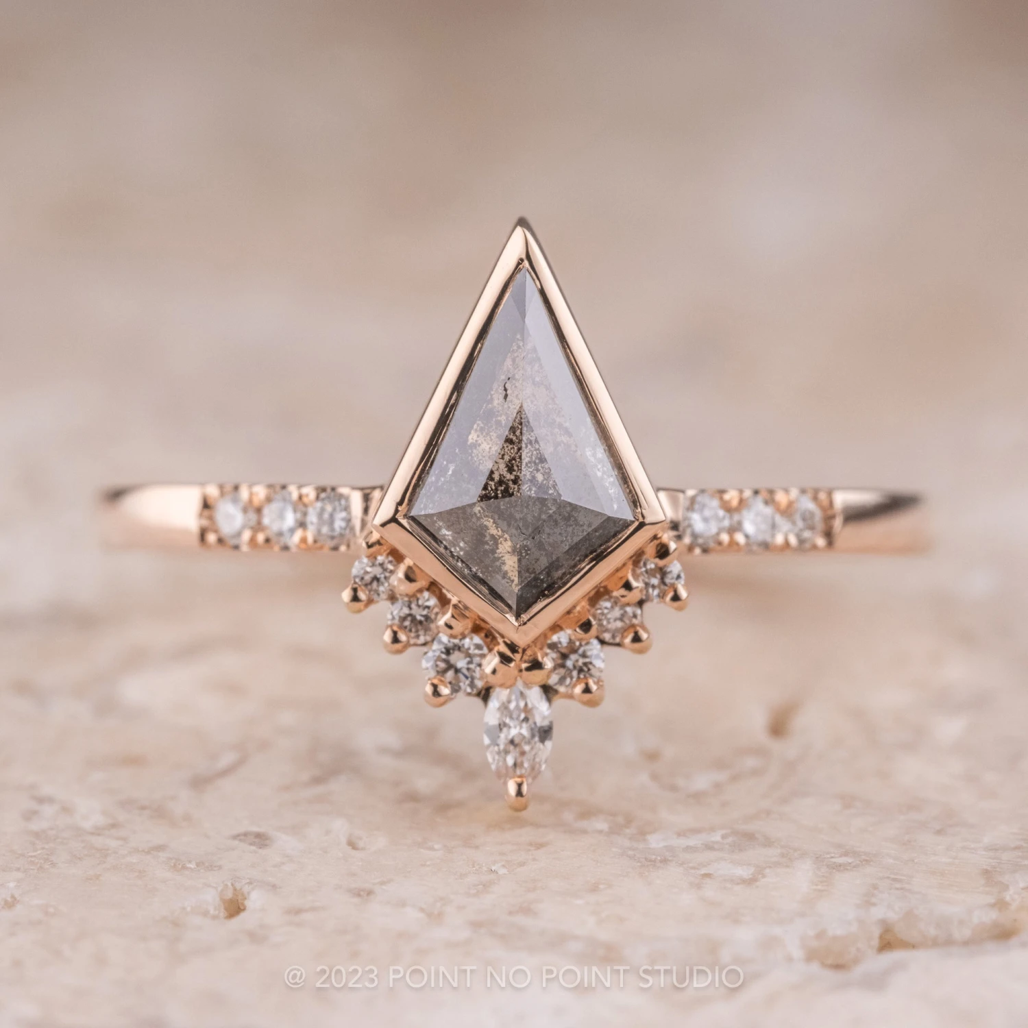 1.22 Carat Black Kite Diamond Engagement Ring, Bezel Avaline Setting, 14K Rose Gold