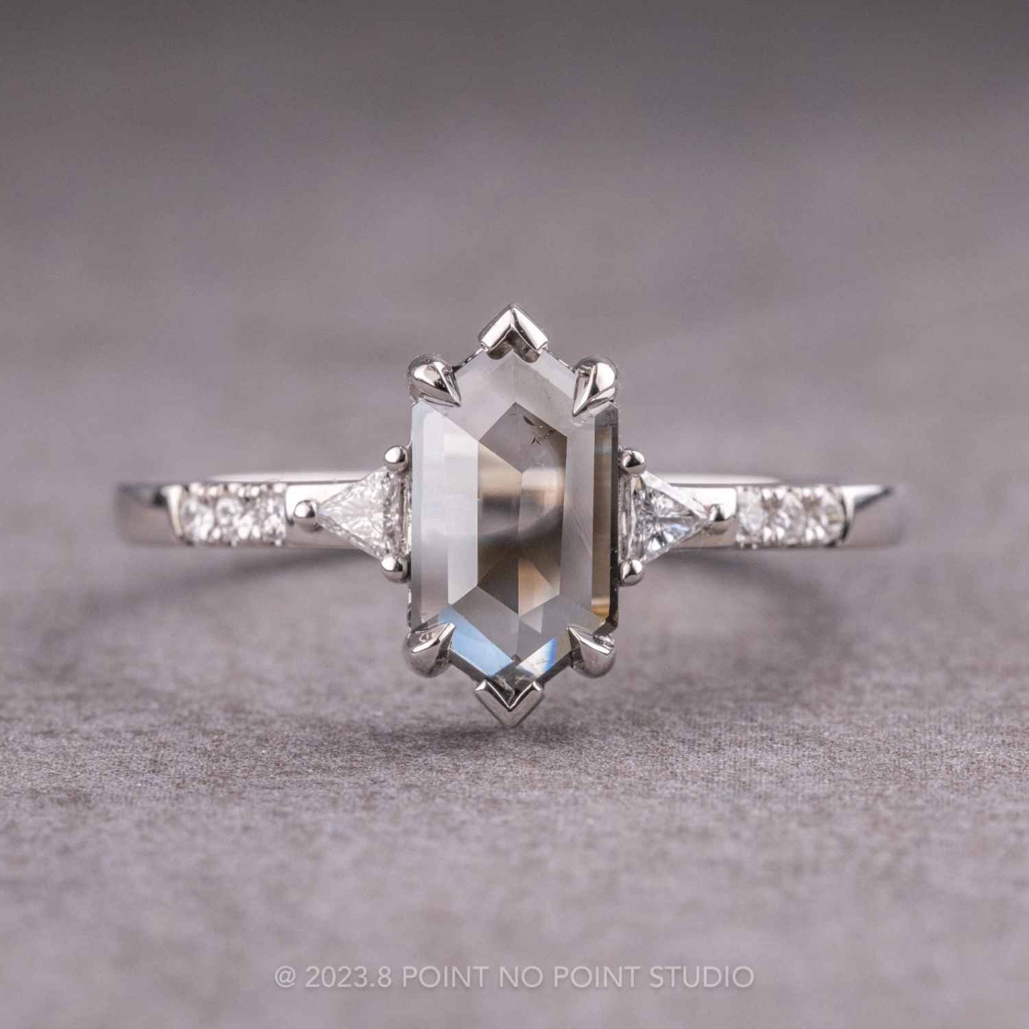 1.59 Carat Salt And Pepper Hexagon Diamond Engagement Ring, Eliza Setting, 14k White Gold