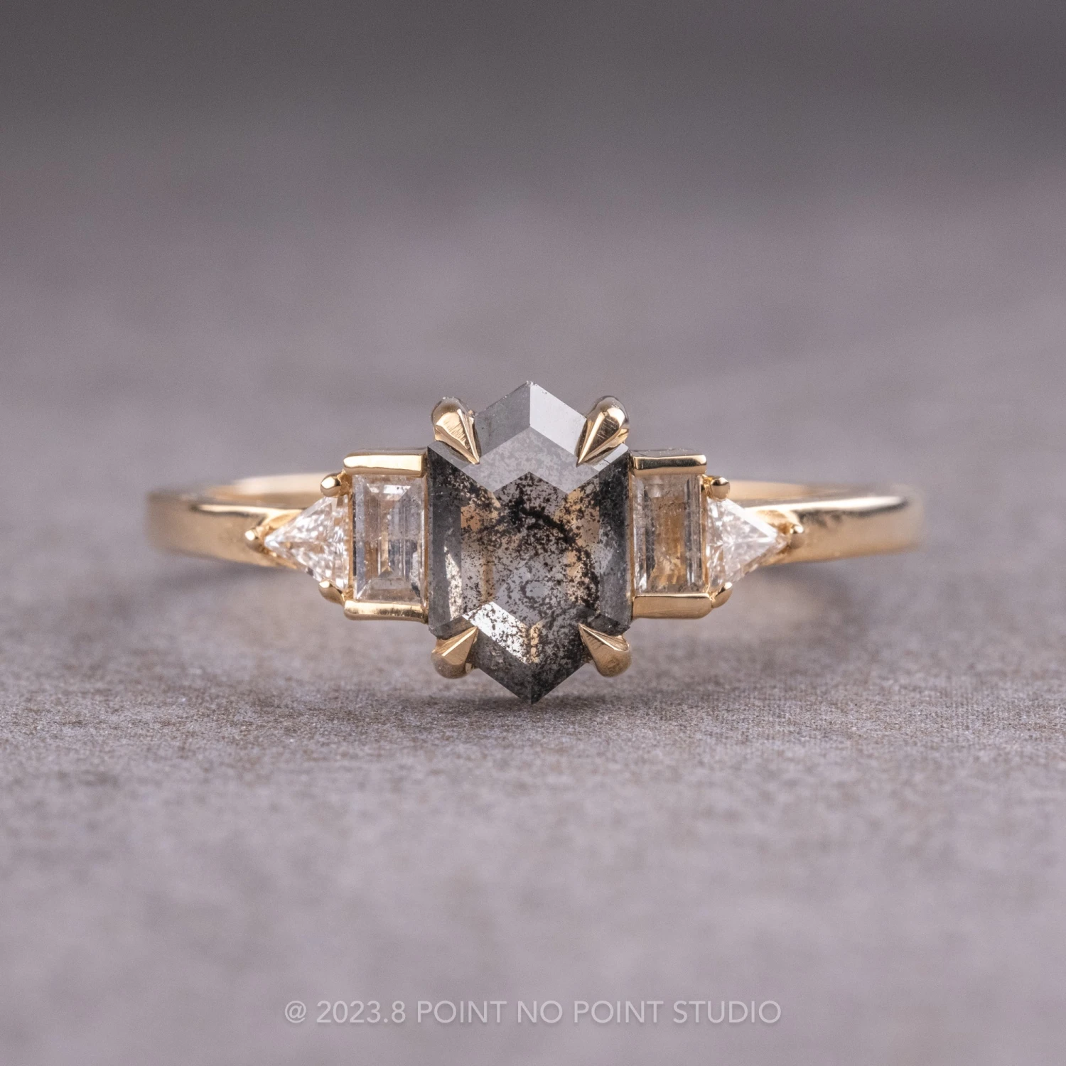 1.08 Carat Salt And Pepper Hexagon Diamond Engagement Ring, Beatrice Setting, 14K Yellow Gold