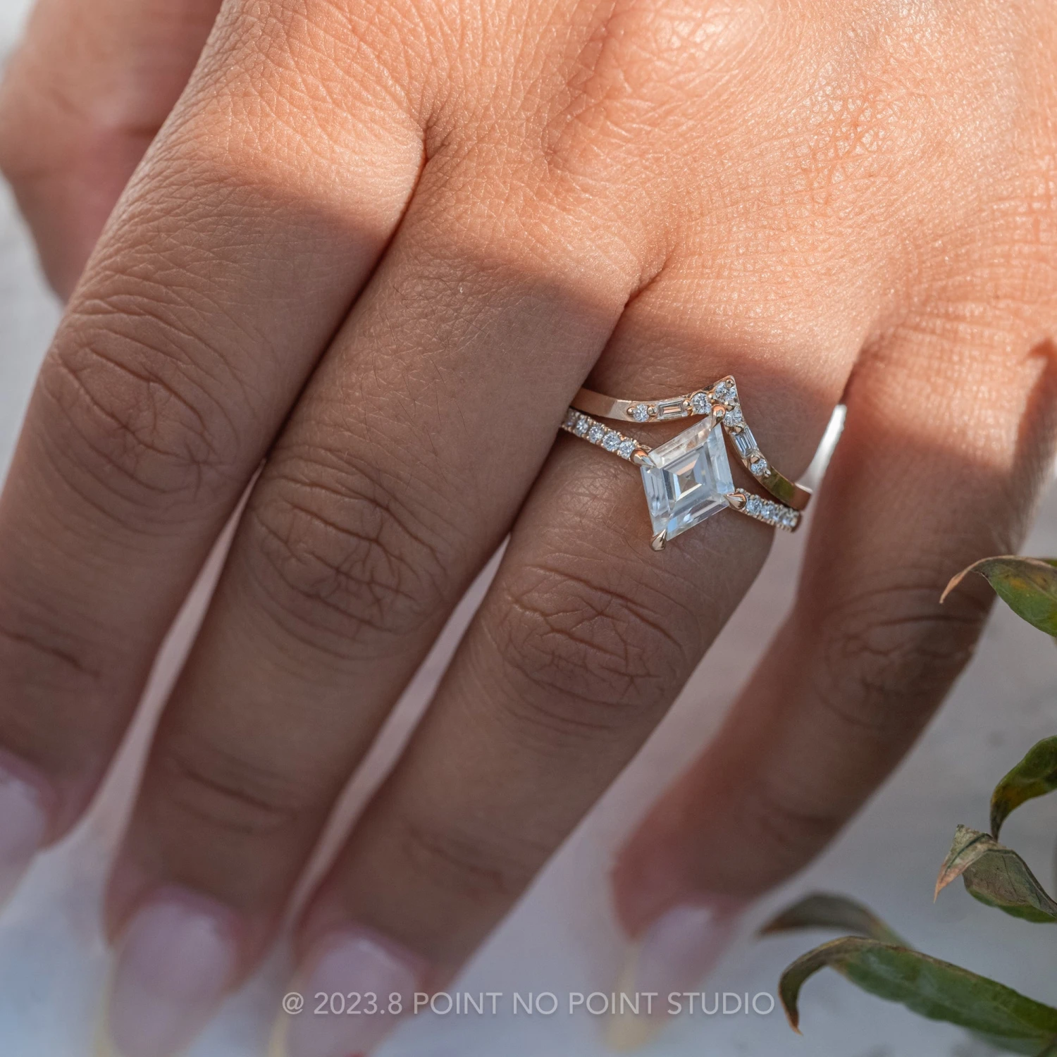 Lozenge Moissanite And Diamond Engagement Ring, Jules Setting, 14K Rose Gold - Image 2