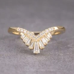 White Baguette Diamond V-Shaped Wedding Band, Margot Setting, 14k Yellow Gold