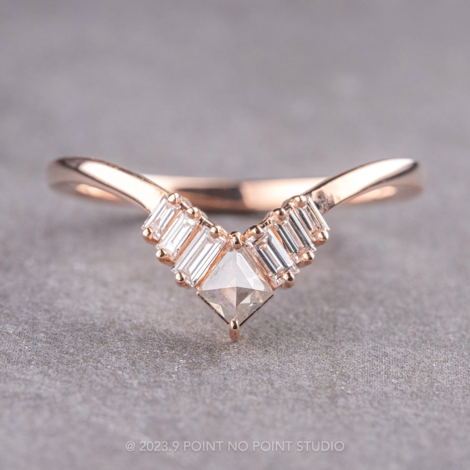 Salt And Pepper Kite Diamond Wedding Band, Violet Setting, 14K Rose Gold