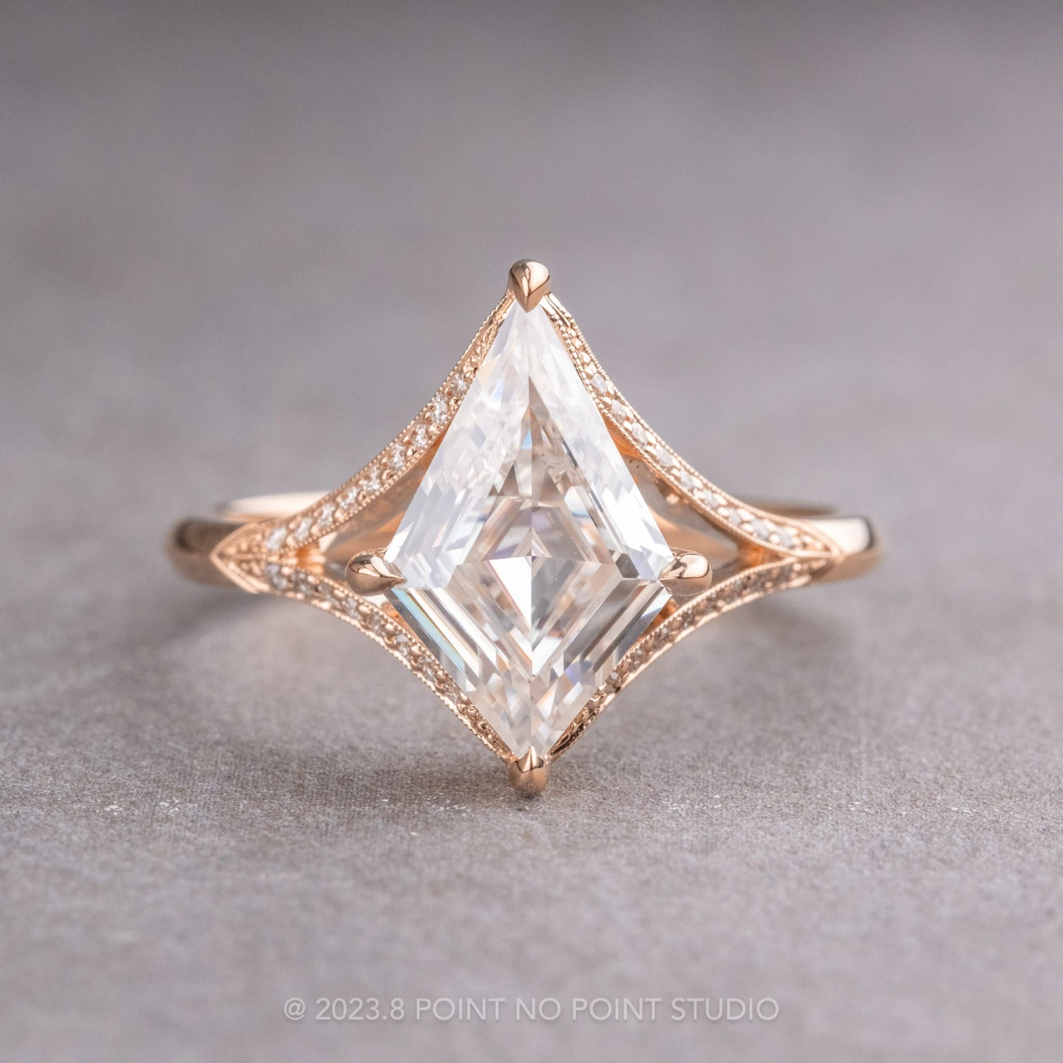 1.34 Carat White Kite Moissanite Engagement Ring, Mackenzie Setting, 14K Rose Gold