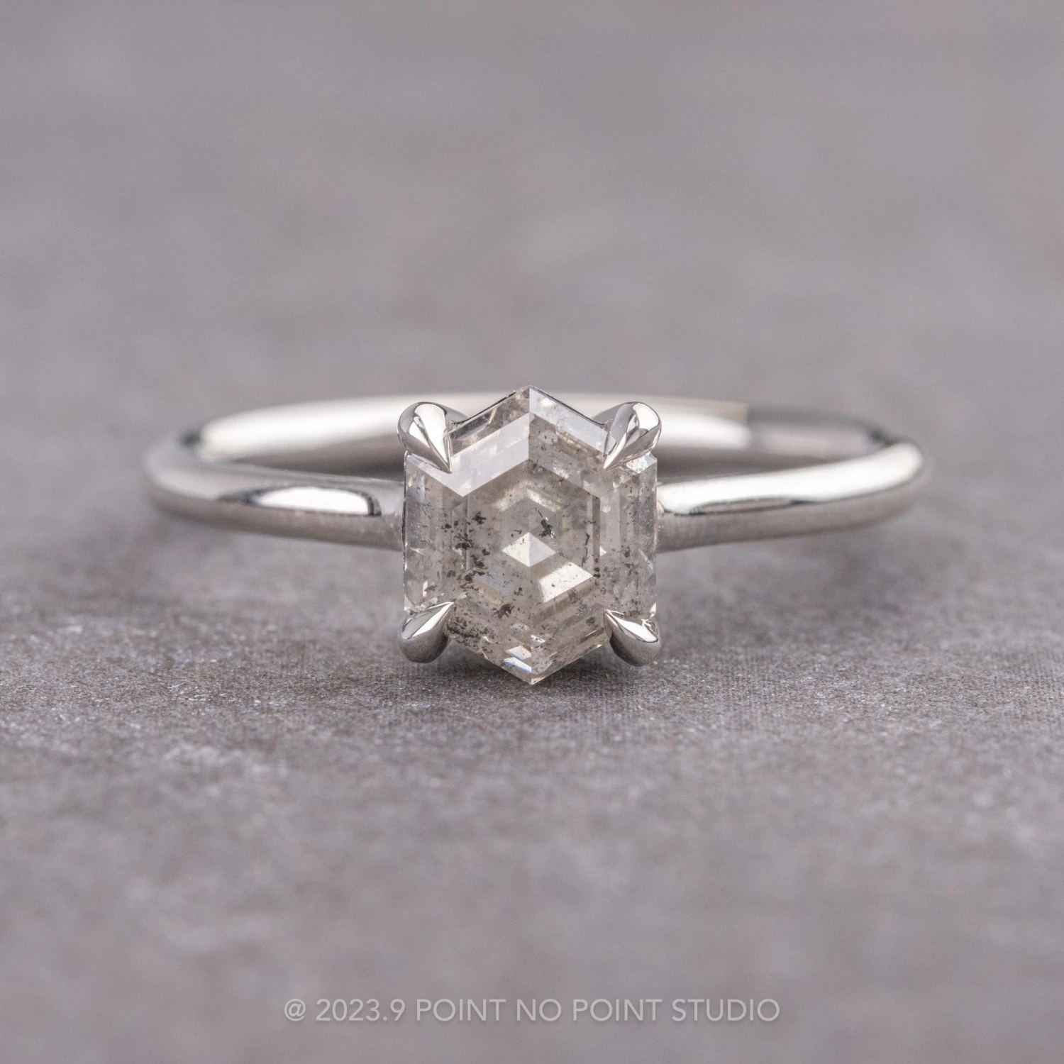 1.66 Carat Canadian Salt And Pepper Hexagon Diamond Engagement Ring, Lark Setting, Platinum