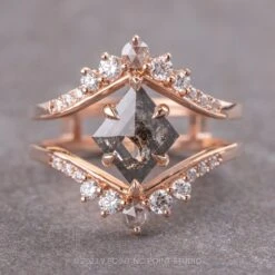 2.26 Carat Salt And Pepper Lozenge Diamond Engagement Ring, Empress Setting, 14K Rose Gold