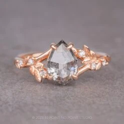 1.78 Carat Canadian Salt And Pepper Geometric Pear Diamond Engagement Ring, Thistle Setting, 14k Rose Gold