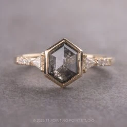 1.51 Carat Black Speckled Hexagon Diamond Engagement Ring, Bezel Eliza Setting, 14K Yellow Gold