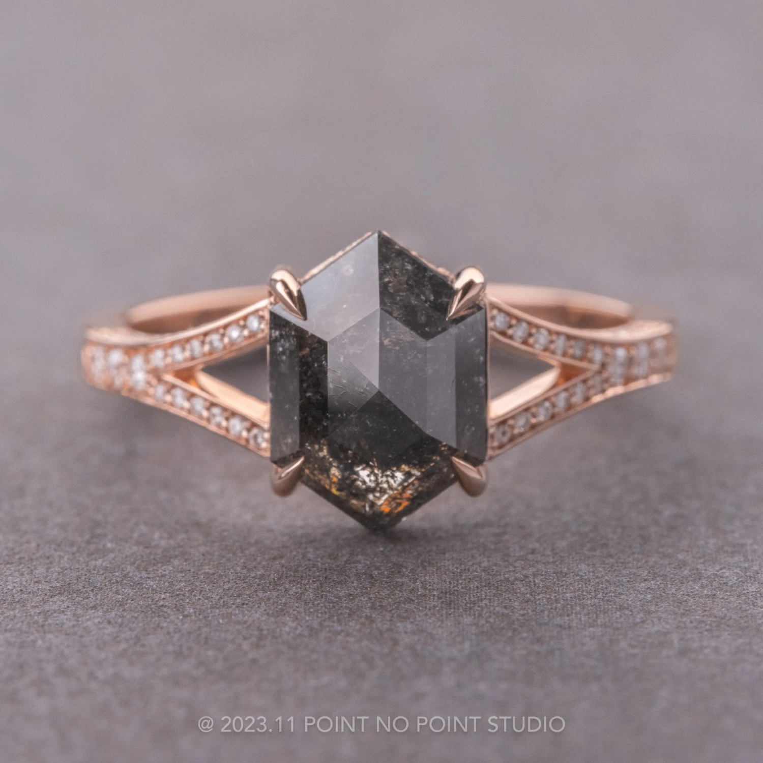 2.02 Carat Black Speckled Hexagon Diamond Engagement Ring, River Setting, 14k Rose Gold
