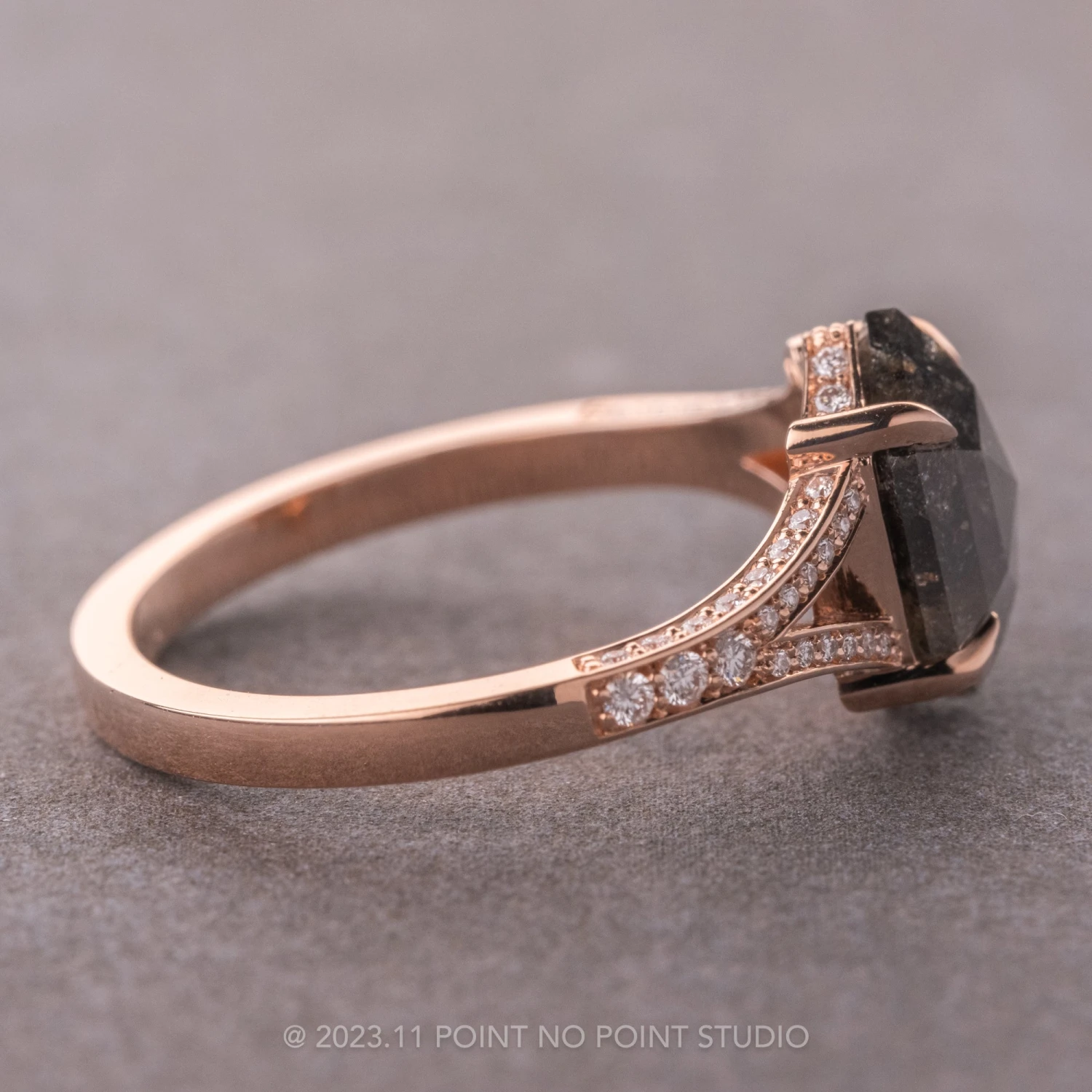 2.02 Carat Black Speckled Hexagon Diamond Engagement Ring, River Setting, 14k Rose Gold - Image 6