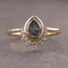 1.61 Carat Salt And Pepper Pear Diamond Engagement Ring, Bezel Ava Setting, 14K Yellow Gold