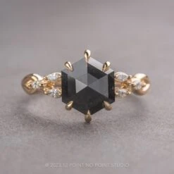 1.60 Carat Black Hexagon Diamond Engagement Ring, Winona Setting, 14K Yellow Gold