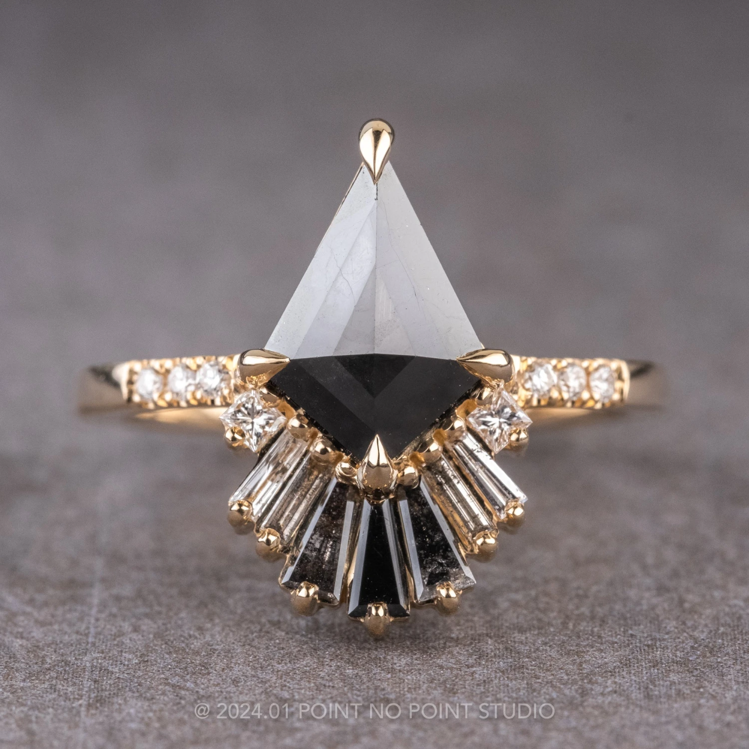 2.23 Carat Black Kite Diamond Engagement Ring, Ombre Wren Setting, 14K Yellow Gold