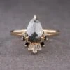 1.94 Carat Black Speckled Pear Diamond Engagement Ring, Ombre Wren Setting, 14k Yellow Gold