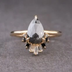 1.94 Carat Black Speckled Pear Diamond Engagement Ring, Ombre Wren Setting, 14k Yellow Gold