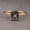 1.91 Carat Black Speckled Princess Cut Diamond Engagement Ring, Tulip Basket Jane Setting, 14k Yellow Gold