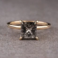 1.91 Carat Black Speckled Princess Cut Diamond Engagement Ring, Tulip Basket Jane Setting, 14k Yellow Gold