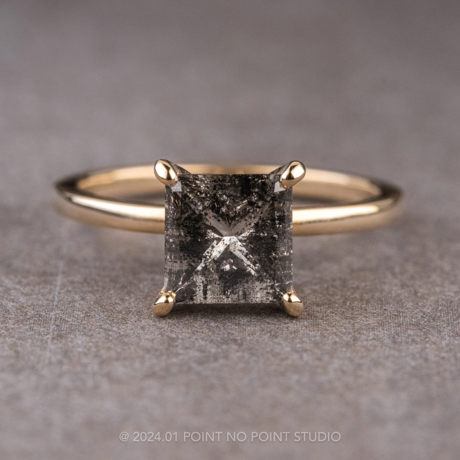 1.91 Carat Black Speckled Princess Cut Diamond Engagement Ring, Tulip Basket Jane Setting, 14k Yellow Gold