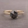 2.02 Carat Black Speckled Hexagon Diamond Engagement Ring, Tulip Basket Jane Setting, 14k Yellow Gold