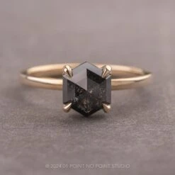 2.02 Carat Black Speckled Hexagon Diamond Engagement Ring, Tulip Basket Jane Setting, 14k Yellow Gold