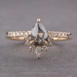 1.36 Carat Salt And Pepper Pear Diamond Engagement Ring, Avaline Setting, 14K Yellow Gold