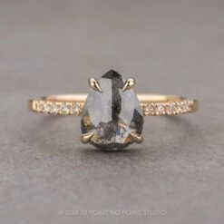 1.61 Carat Black Speckled Pear Diamond Engagement Ring, Jules Setting, 14K Yellow Gold