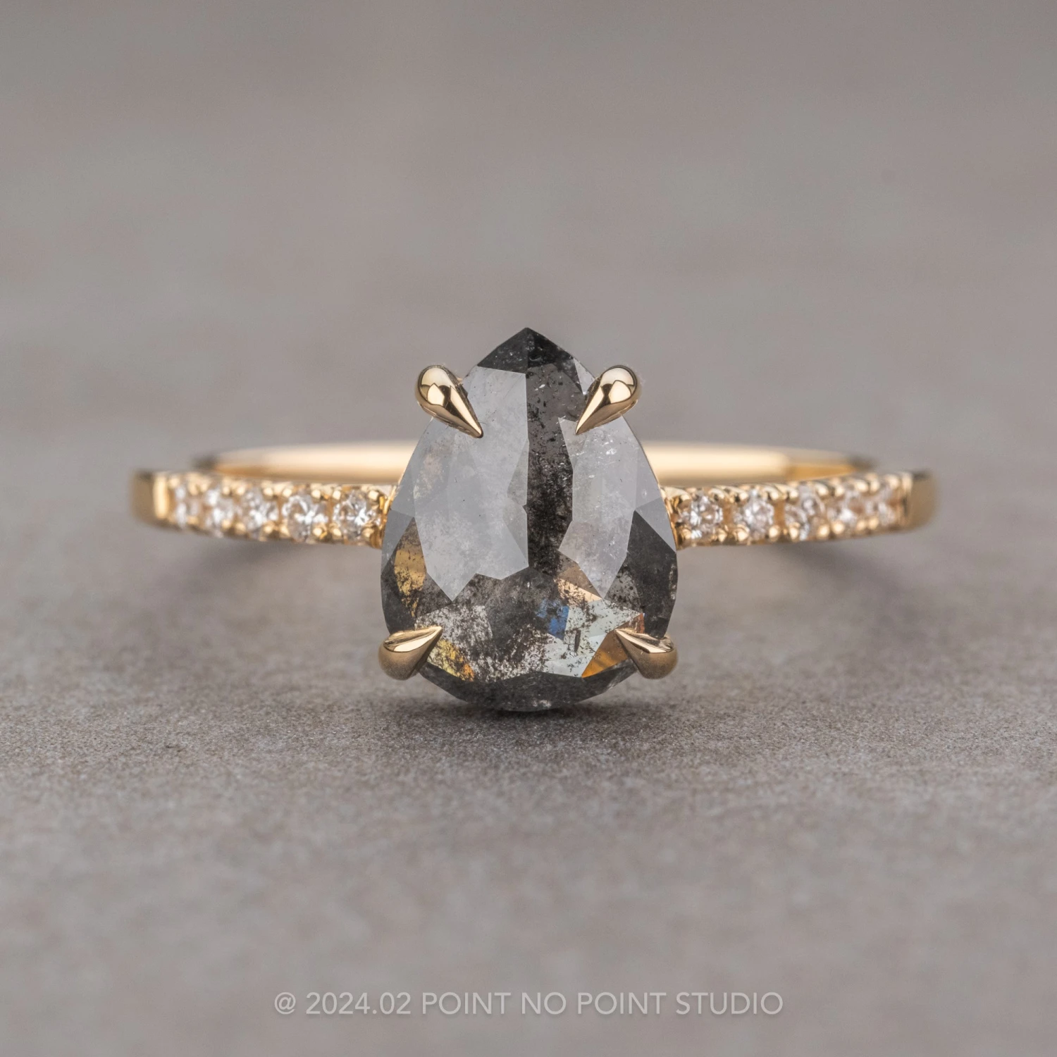 1.61 Carat Black Speckled Pear Diamond Engagement Ring, Jules Setting, 14K Yellow Gold