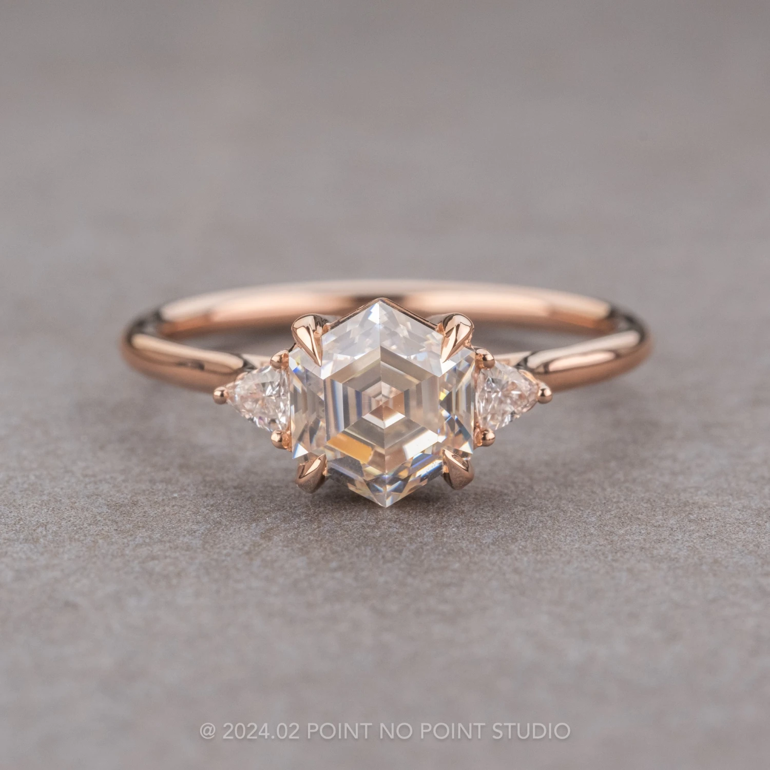 1.54 Carat Hexagon Moissanite Engagement Ring, Lea Setting, 14K Rose Gold