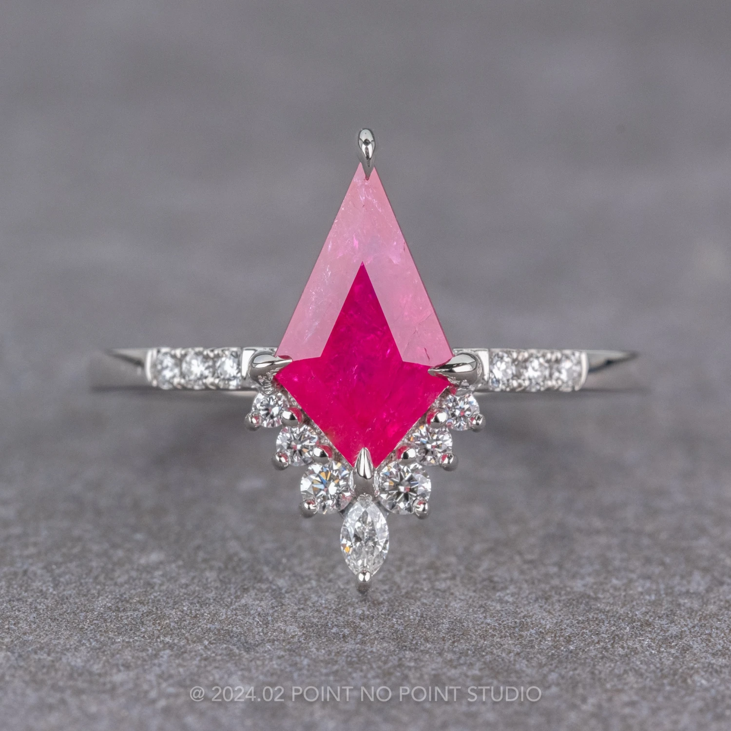1.52 Carat Fuchsia Pink Kite Ruby And Diamond Engagement Ring, Avaline Setting, Platinum