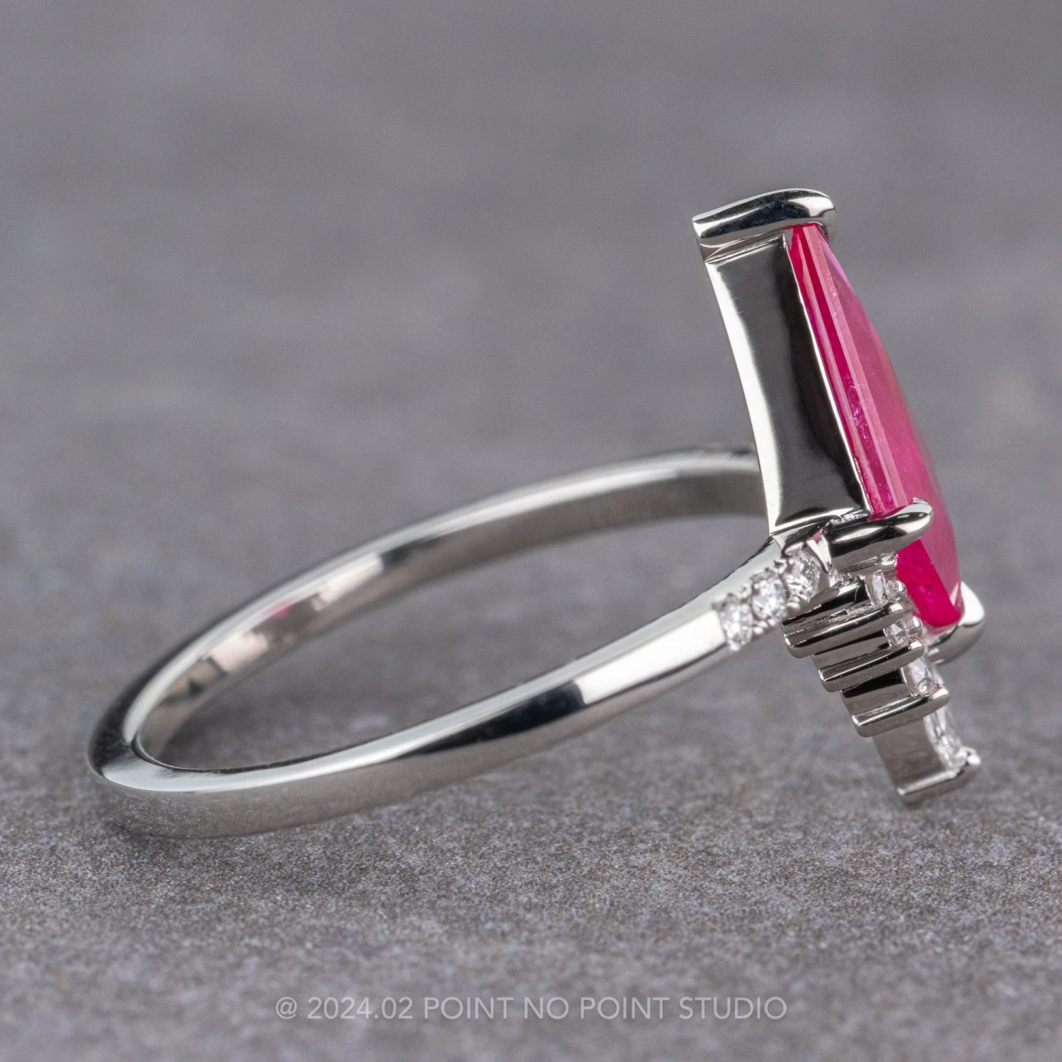 1.52 Carat Fuchsia Pink Kite Ruby And Diamond Engagement Ring, Avaline Setting, Platinum - Image 6
