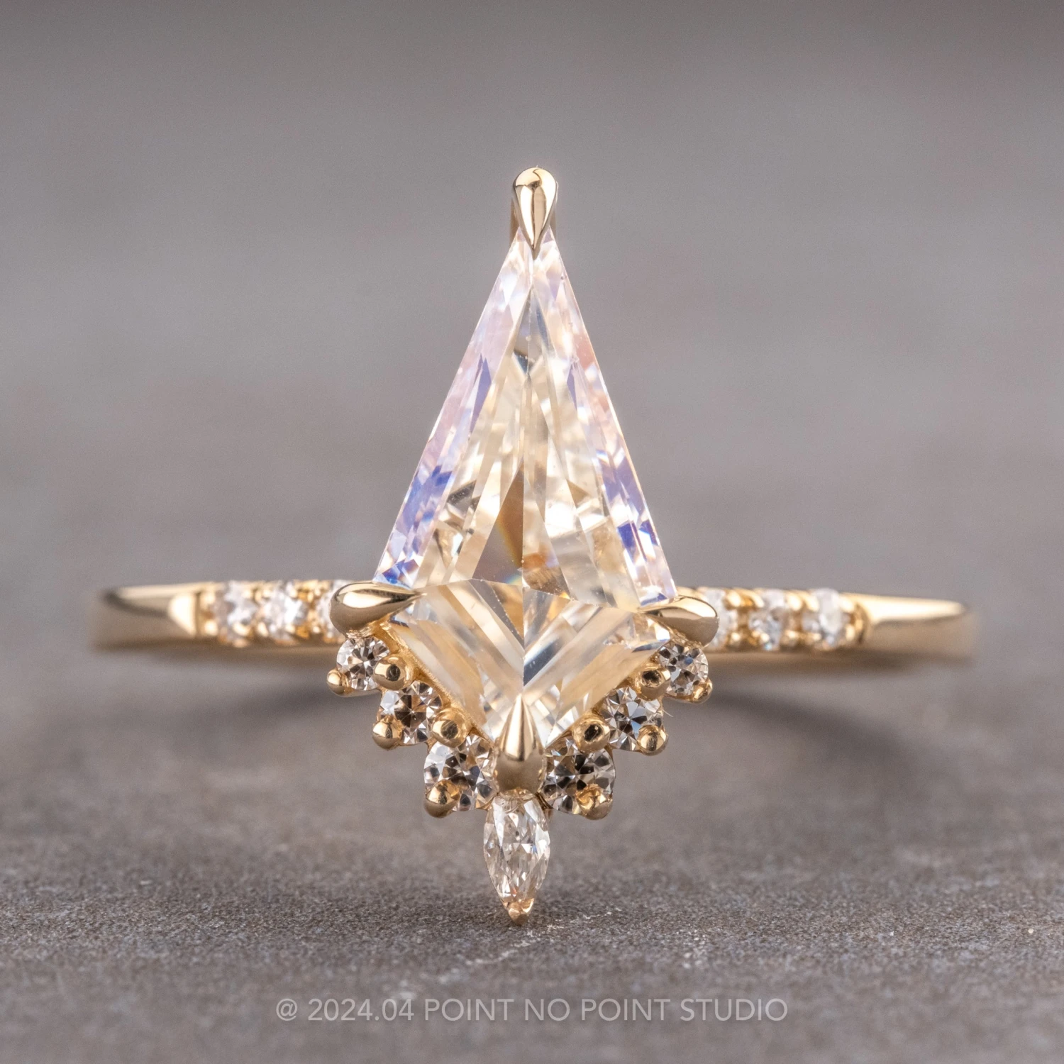 1.71 Carat Kite Moissanite Engagement Ring, Avaline Setting, 14K Yellow Gold