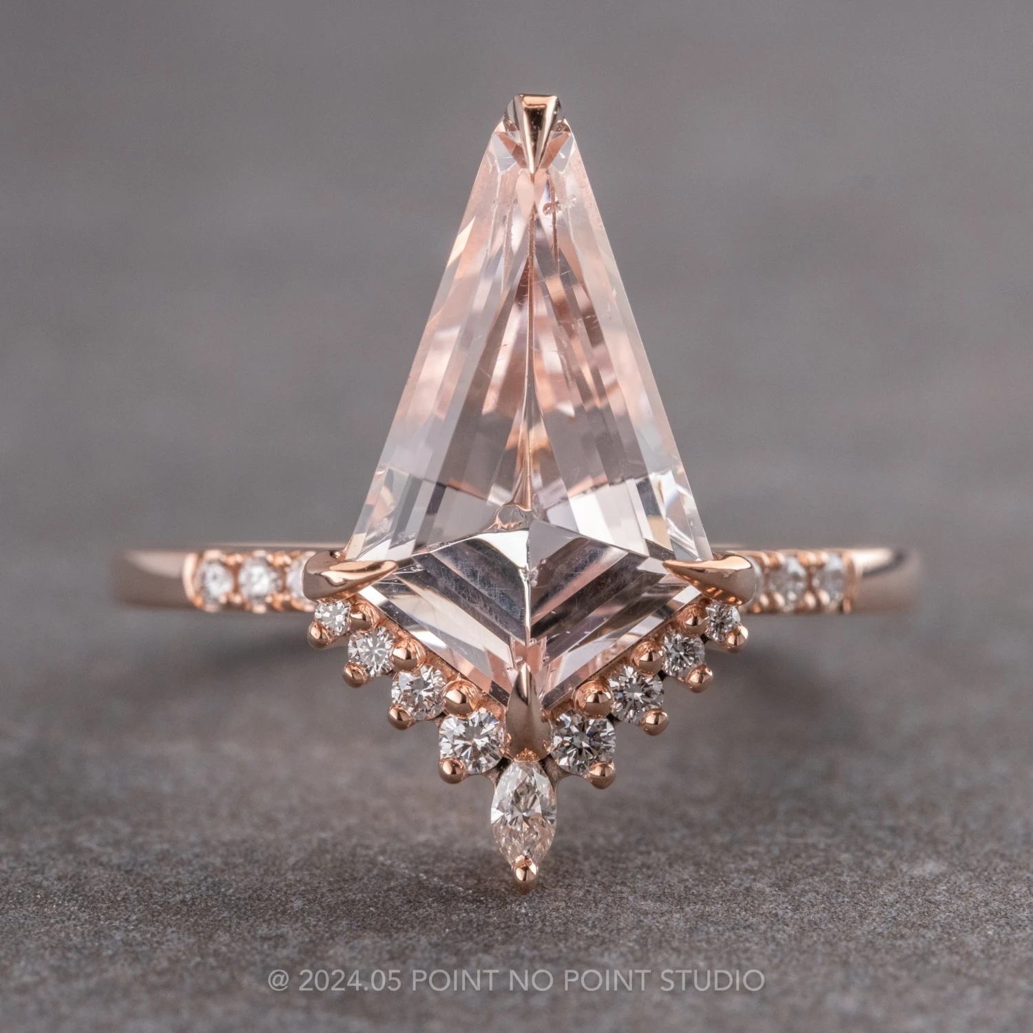 2.99 Carat Kite Morganite And Diamond Engagement Ring, Avaline Setting, 14k Rose Gold