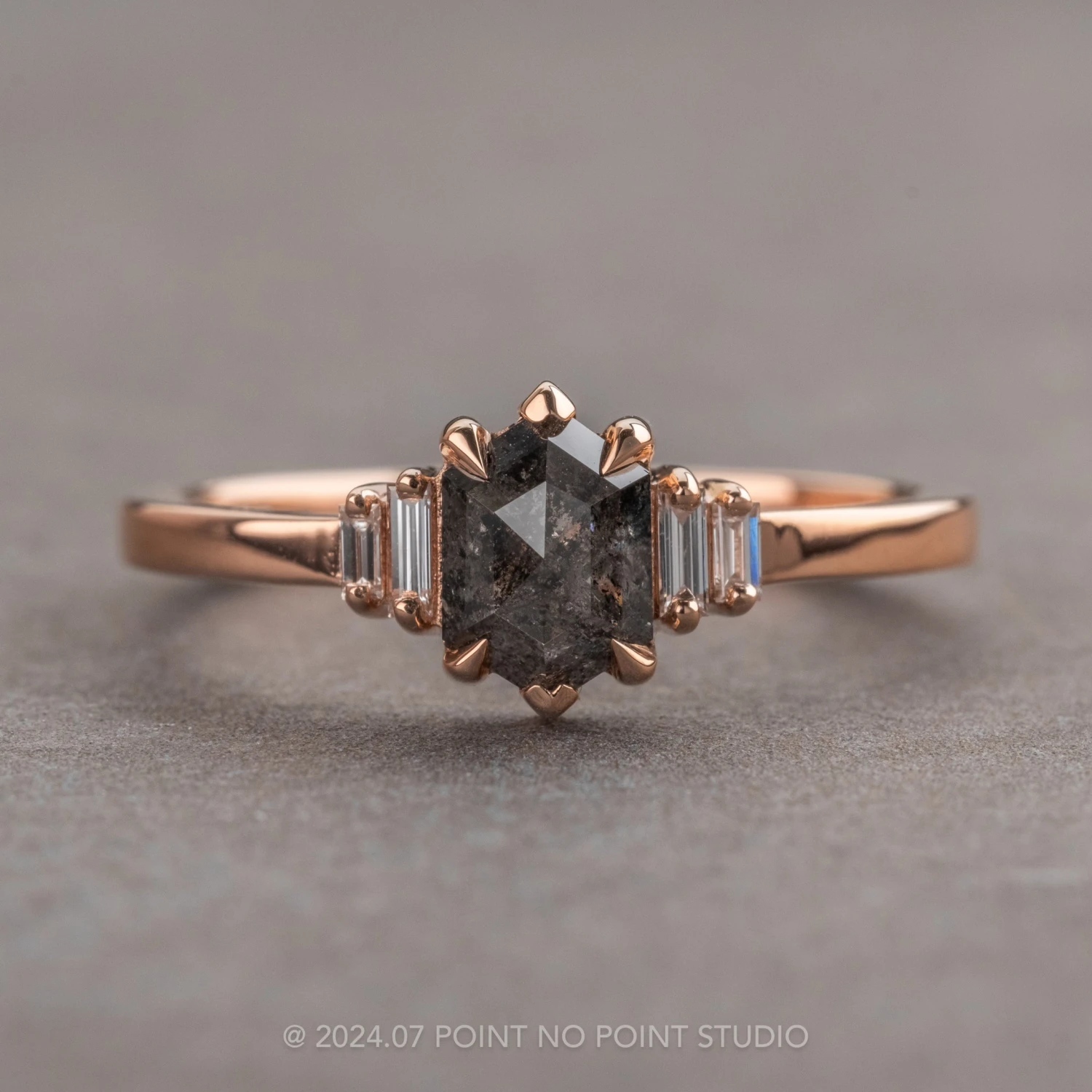 .73 Carat Black Speckled Hexagon Diamond Engagement Ring, Betty Setting, 14k Rose Gold