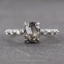 1.58 Carat Black Speckled Oval Diamond Engagement Ring, Nova Setting, Platinum