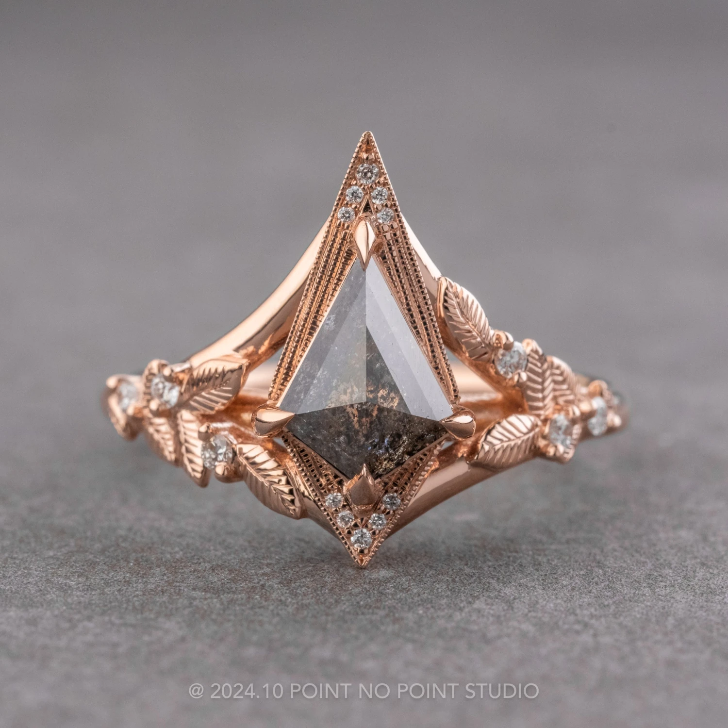 1.22 Carat Black Speckled Kite Diamond Engagement Ring, Thistle Setting, 14k Rose Gold