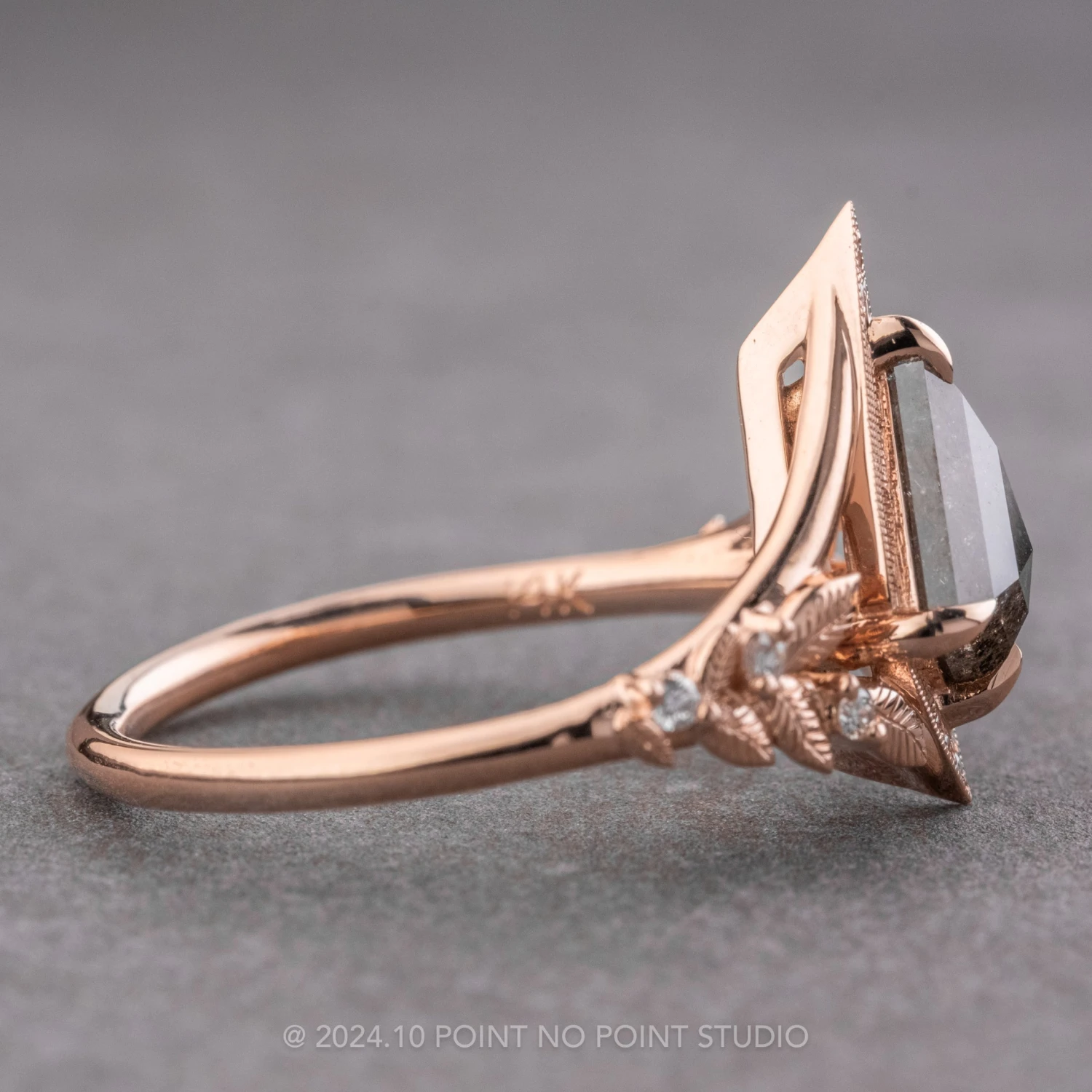 1.22 Carat Black Speckled Kite Diamond Engagement Ring, Thistle Setting, 14k Rose Gold - Image 5
