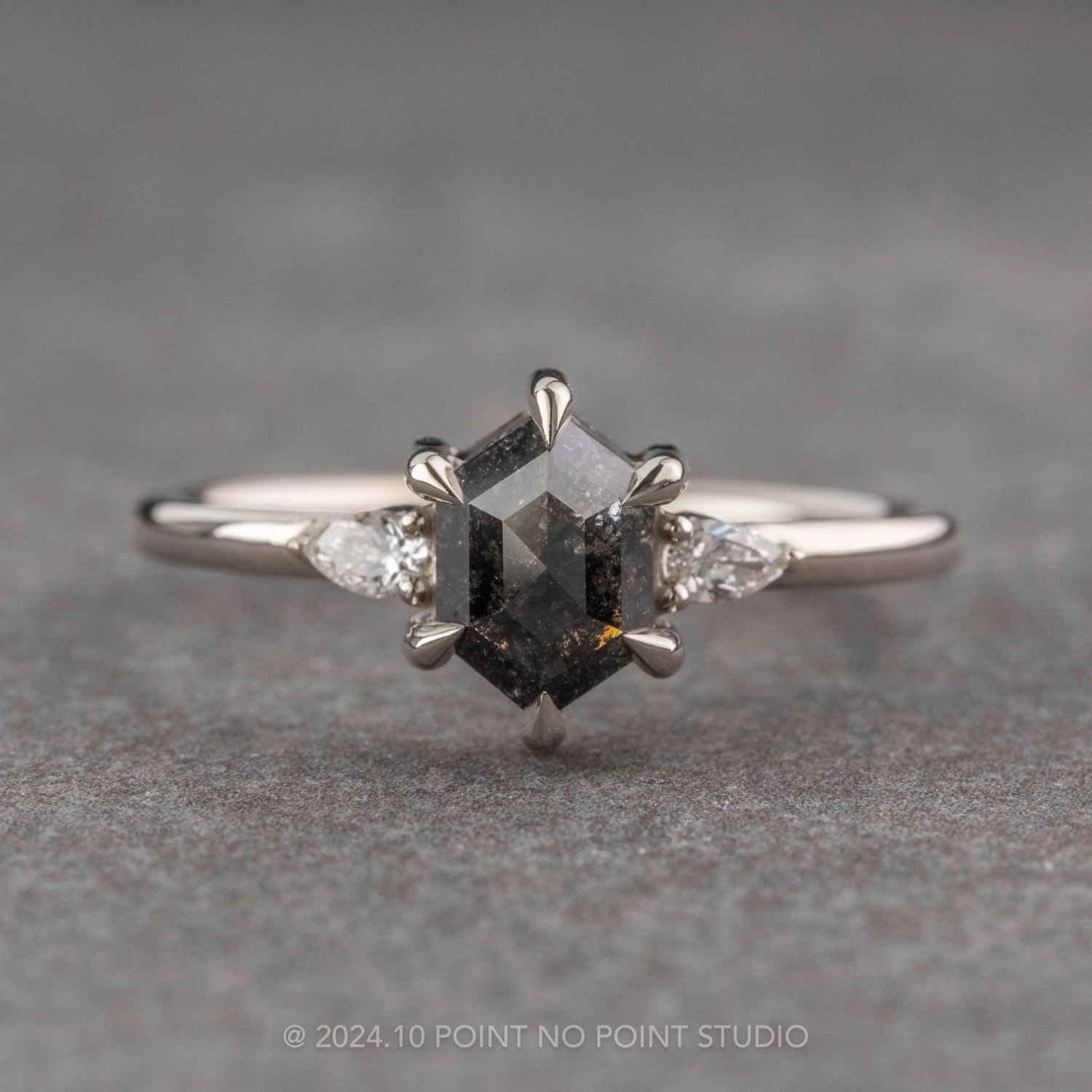 1.12 Carat Black Speckled Hexagon Diamond Engagement Ring, Zoe Setting, Platinum
