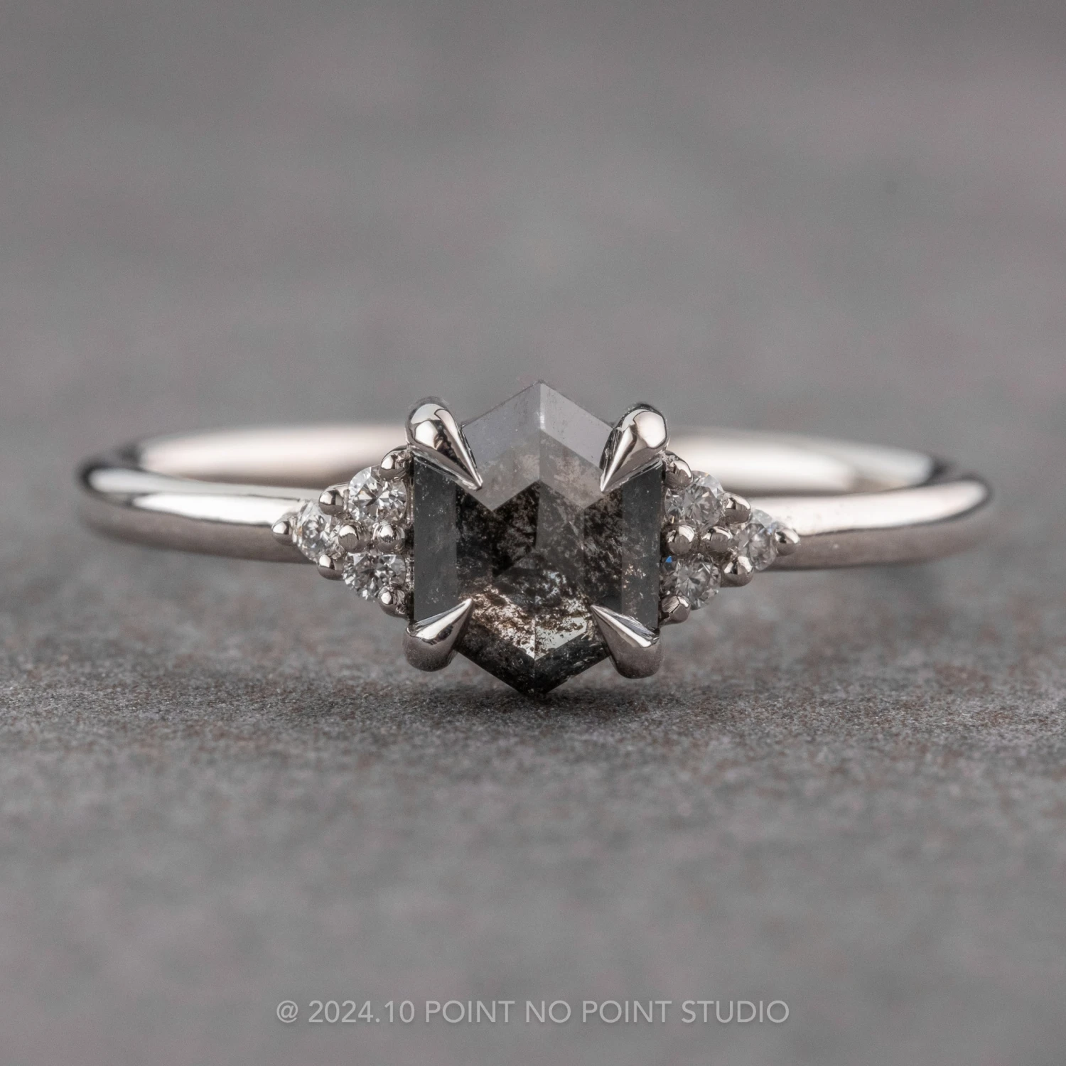 .87 Carat Black Speckled Hexagon Diamond Engagement Ring, Quinn Setting, Platinum