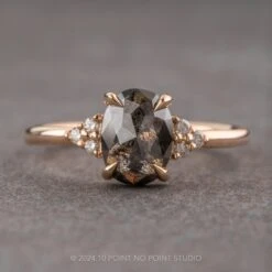 1.17 Carat Black Speckled Oval Diamond Engagement Ring, Quinn Setting, 14K Peach Gold