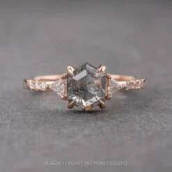 1.25 Carat Salt And Pepper Hexagon Diamond Engagement Ring, Eliza Setting, 14k Rose Gold