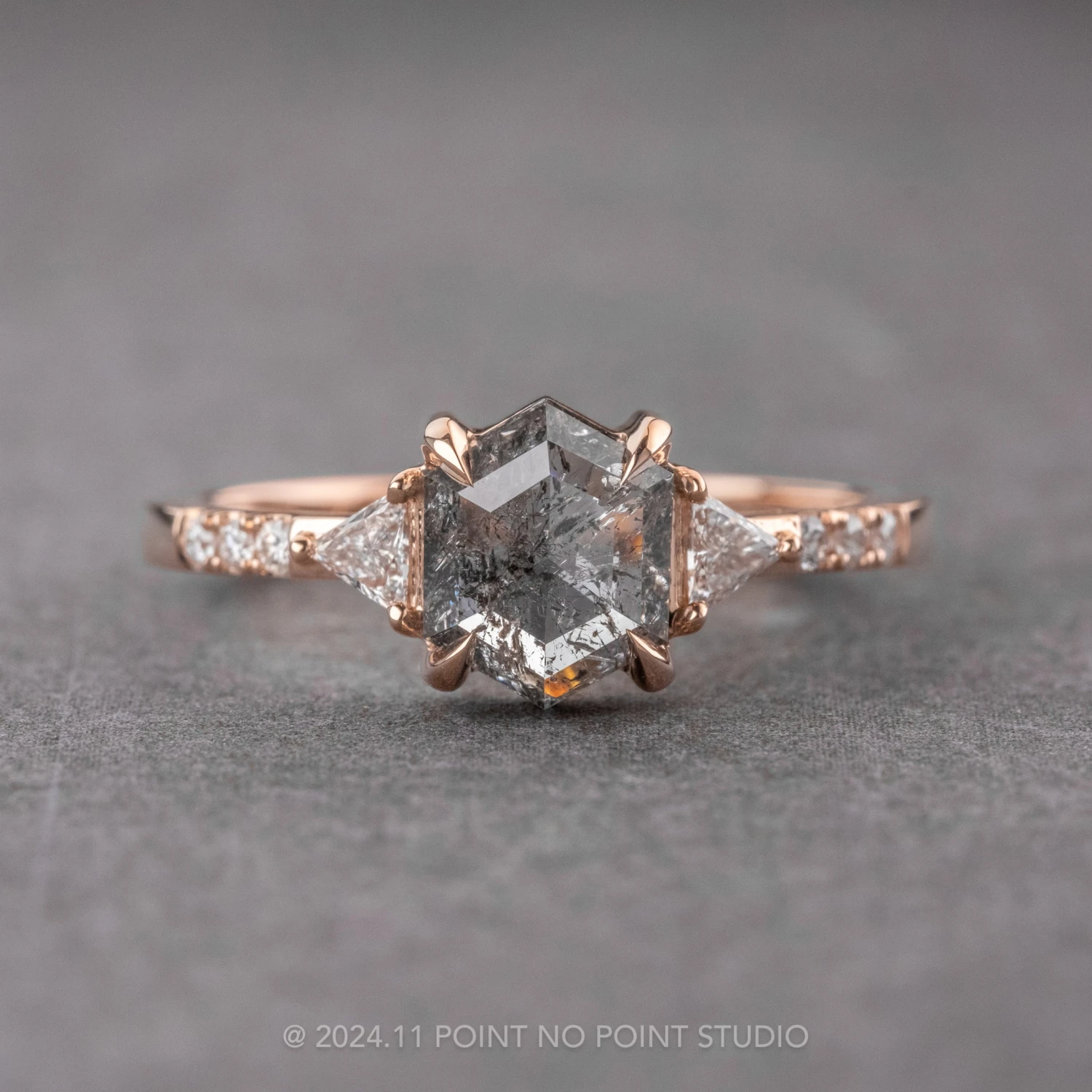 1.25 Carat Salt And Pepper Hexagon Diamond Engagement Ring, Eliza Setting, 14k Rose Gold