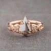 1.06 Carat Black Speckled Kite Diamond Engagement Ring, Leaf Quinn Setting, 14k Rose Gold
