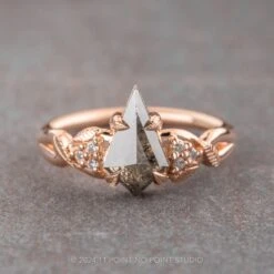 1.06 Carat Black Speckled Kite Diamond Engagement Ring, Leaf Quinn Setting, 14k Rose Gold