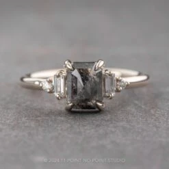 1.19 Carat Black Speckled Emerald Shaped Diamond Engagement Ring, Betty Setting, 14K White Gold