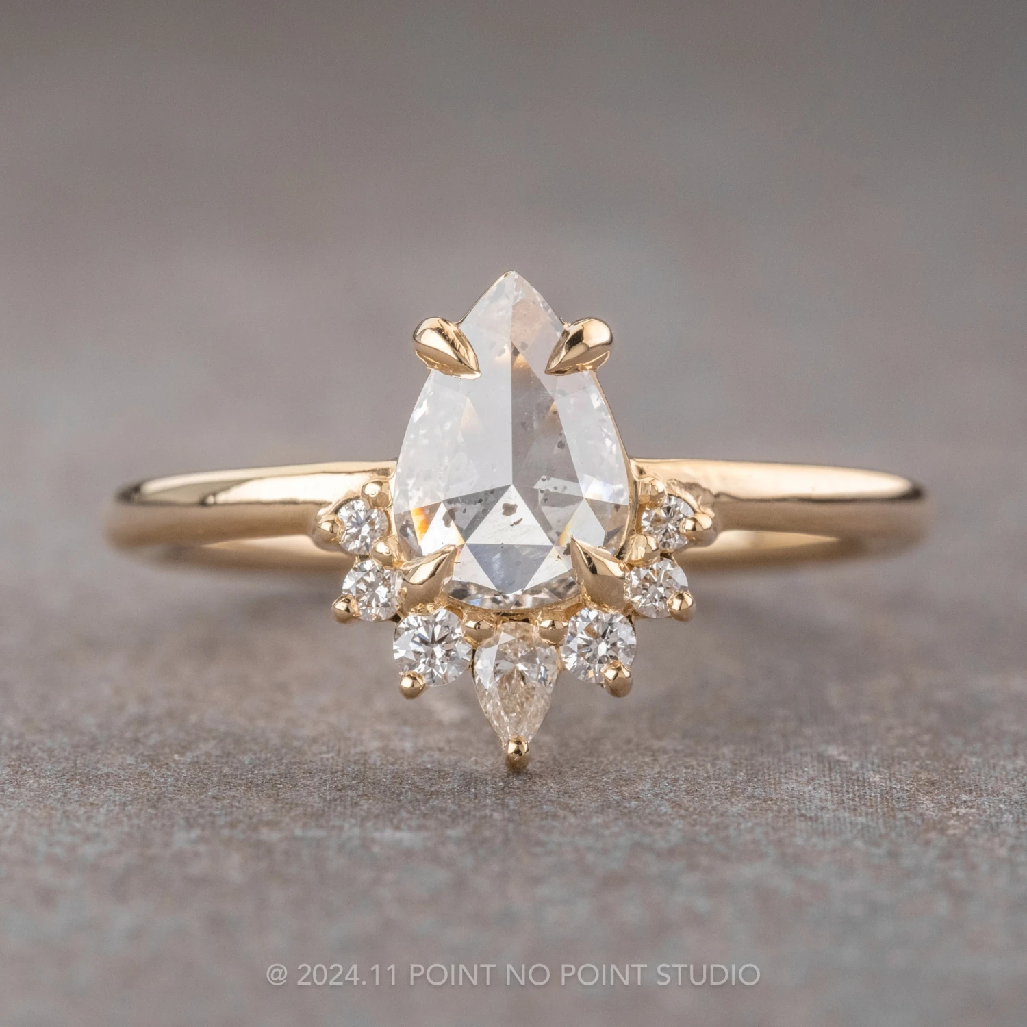 .82 Carat Icy Salt And Pepper Pear Diamond Engagement Ring, Ava Setting, 14K Yellow Gold