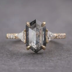 2.08 Carat Black Speckled Hexagon Diamond Engagement Ring, Eliza Setting, 14K Yellow Gold