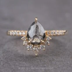 1.31 Carat Black Speckled Pear Diamond Engagement Ring, Avaline Setting, 14K Yellow Gold