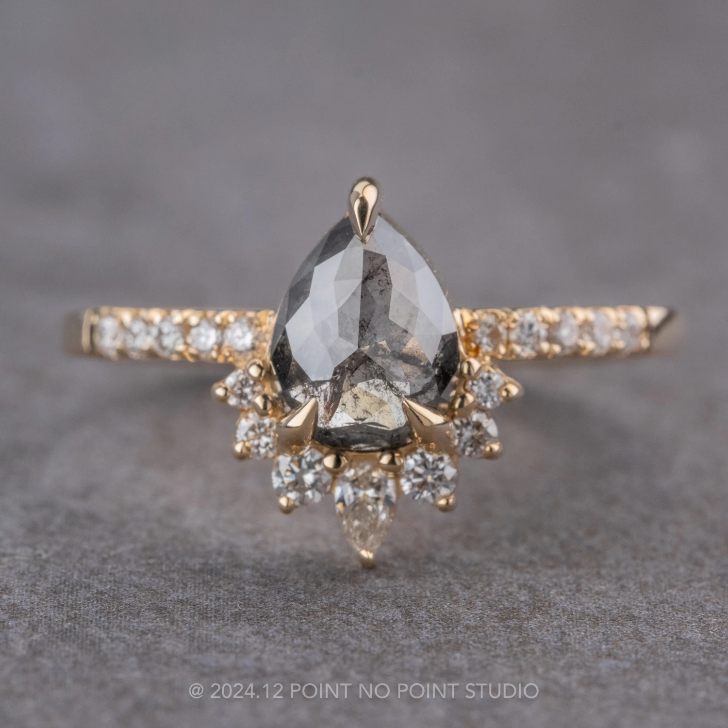 1.31 Carat Black Speckled Pear Diamond Engagement Ring, Avaline Setting, 14K Yellow Gold