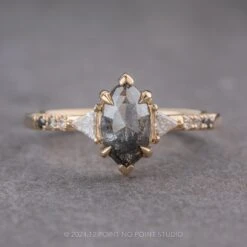 1.56 Carat Black Speckled Marquise Diamond Engagement Ring, Ombre Eliza Setting, 14K Yellow Gold