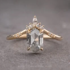 1.74 Carat Salt And Pepper Hexagon Diamond Engagement Ring, Flora Setting, 14k Yellow Gold